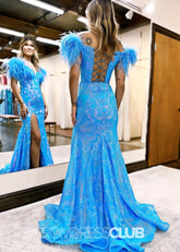 Harriet |Long Glitter Blue Prom Dresses Near Me With Mermaid Off the Shoulder Sequins Feather - Price #price_variant_lowest# - Blue - PromDressClub